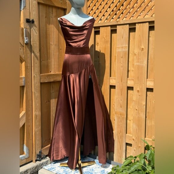 🆕 BRONX & BANCO 🧿 NWOT Leo Chocolate Brown Silk-Blend Maxi Dress, Sz S US 4 - Picture 3 of 15